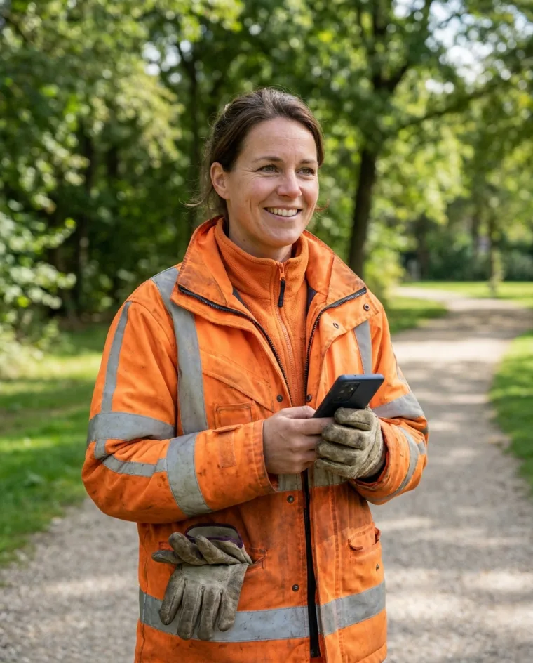 Een medewerker groen van de gemeente met een telefoon in haar hand, in een park