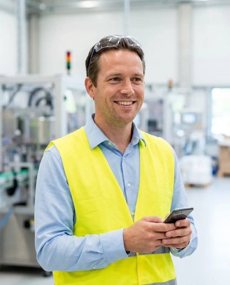 Een operator in een productiehal met een telefoon in zijn handen