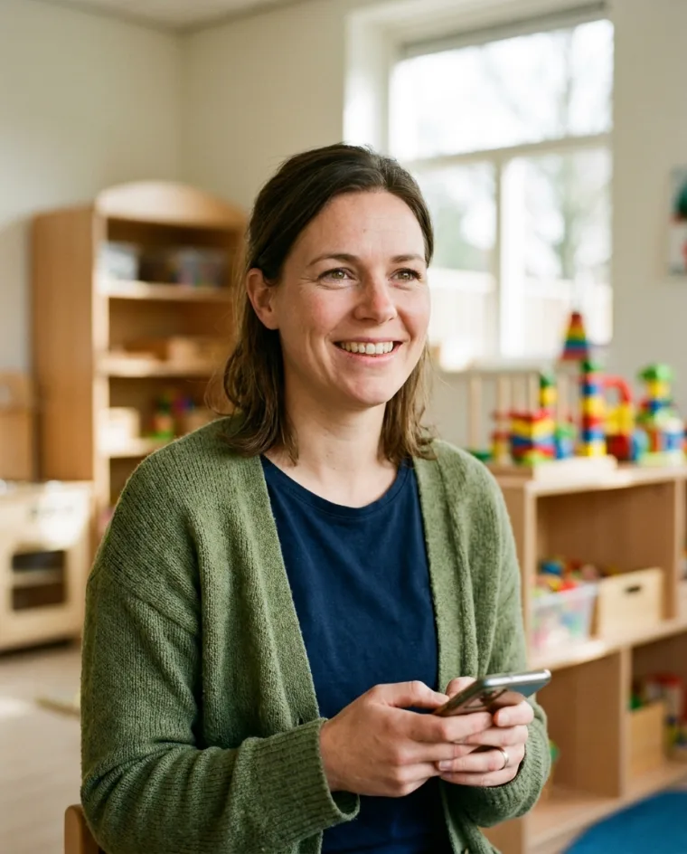 Een medewerker kijkt lachend op van haar telefoon