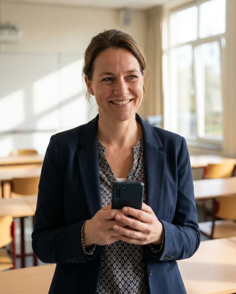 Een docente met een telefoon in haar handen, in een leeg klaslokaal