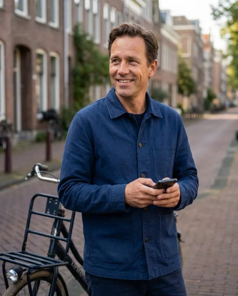 Een collega met zijn fiets in een straat, met een telefoon in zijn handen