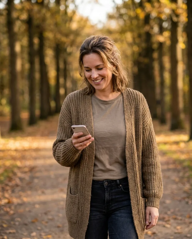 Een collega loopt door een park en kijkt lachend op haar telefoon