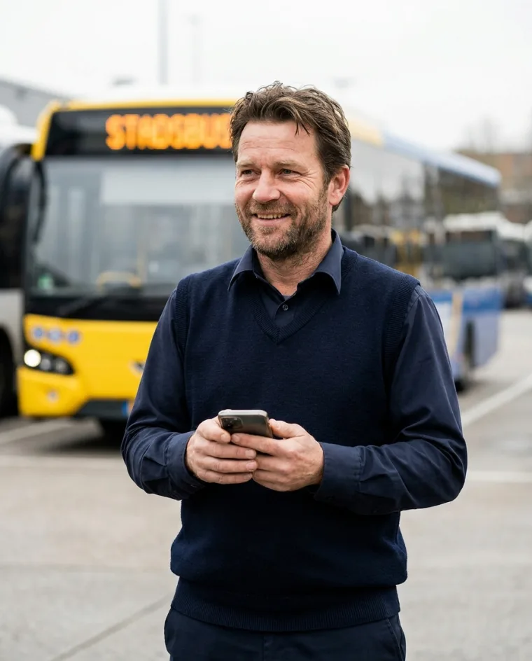 Een buschauffeur met een telefoon in zijn handen, bij een bus op de stalling